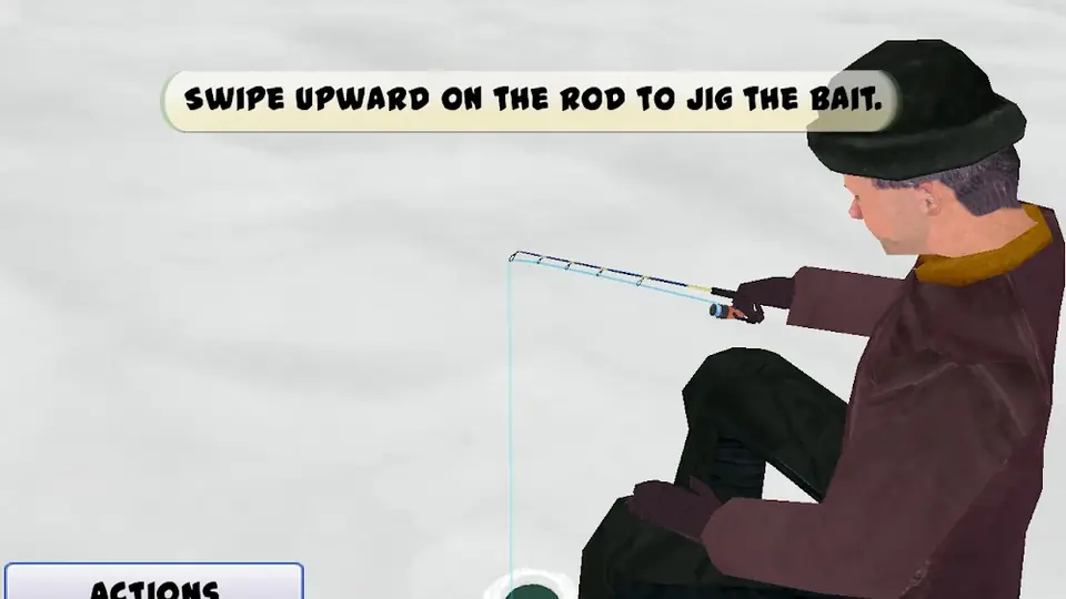 Cena do jogo Ice Fishing Derby Premium: pescador sentado junto ao buraco aberto no gelo