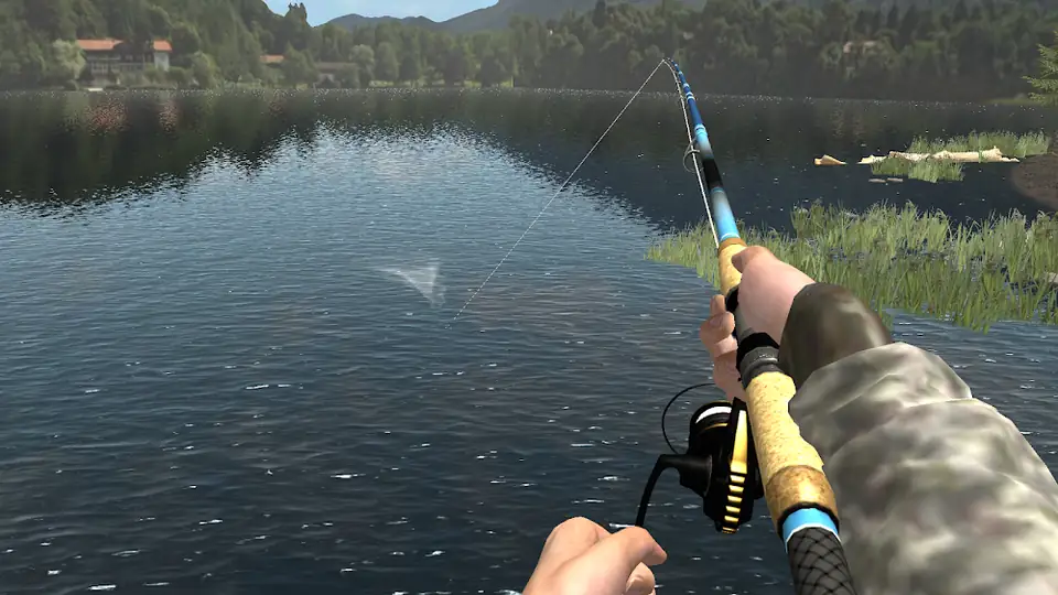 Cena do jogo Professional Fishing 2: cana lançada sobre um lago calmo ao amanhecer